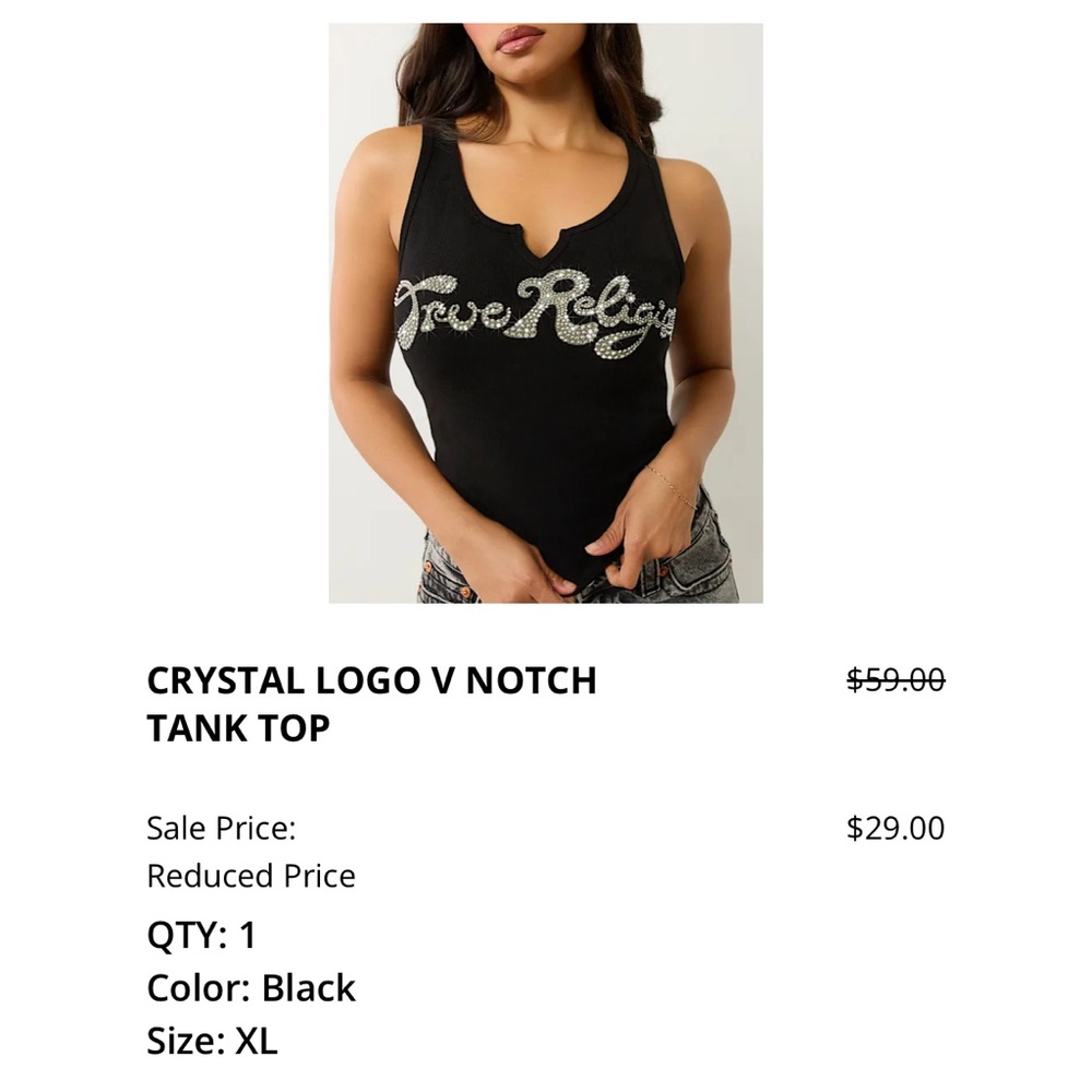 True Religion Black Sleeveless Tank Top with Crystal Logo